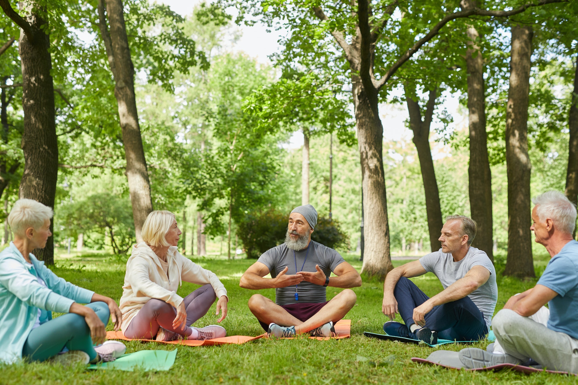 Senior People Practicing Yoga In Park